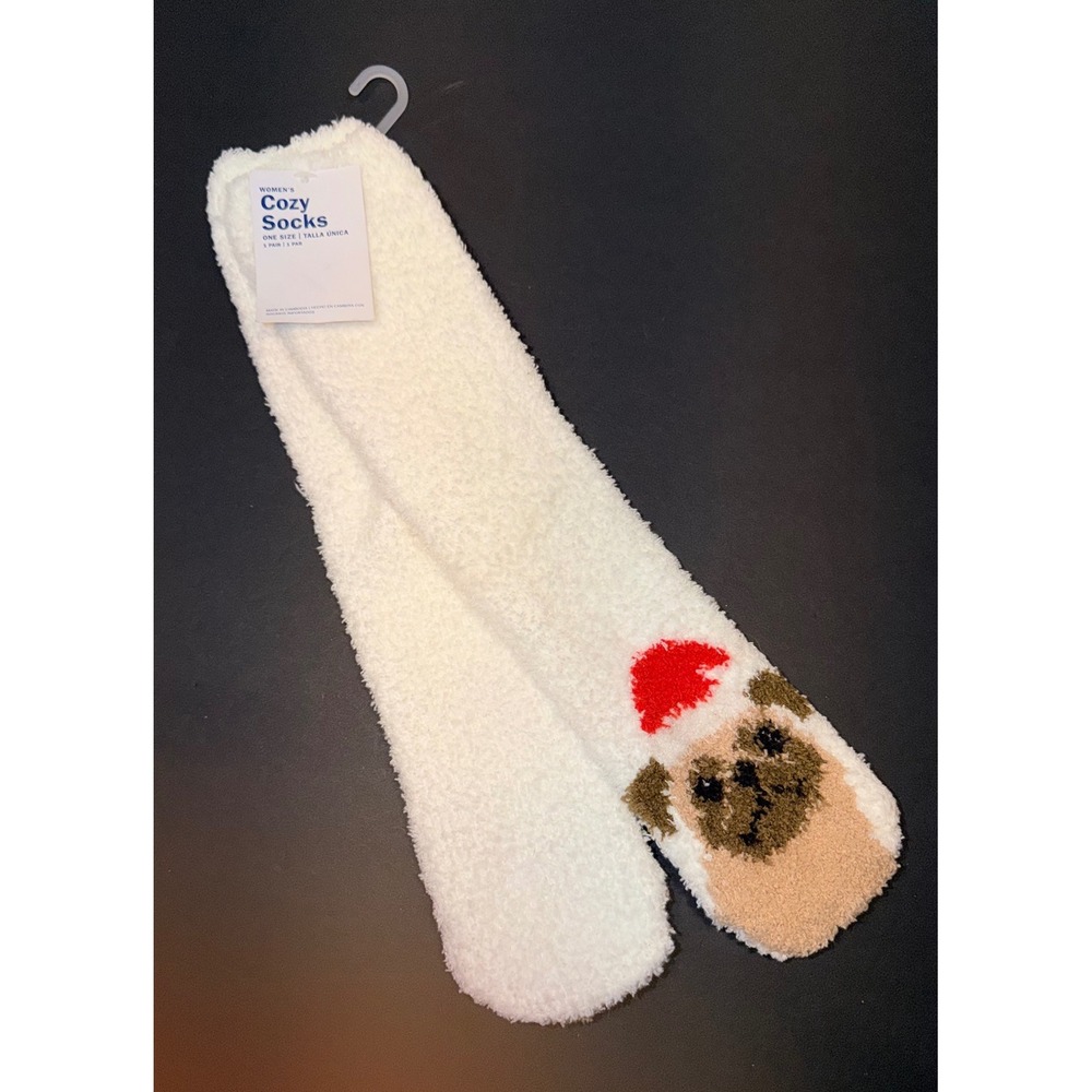 Old Navy Cozy Socks White Fuzzy Christmas Pug Dog Santa Hat Holiday One Size NWT